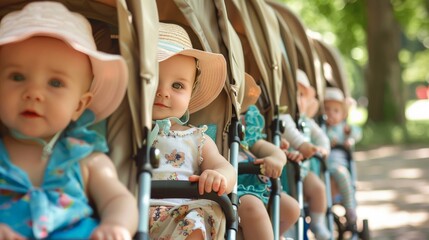 Group of babies in a stroller parade, showcasing cute sun hats and summer dresses